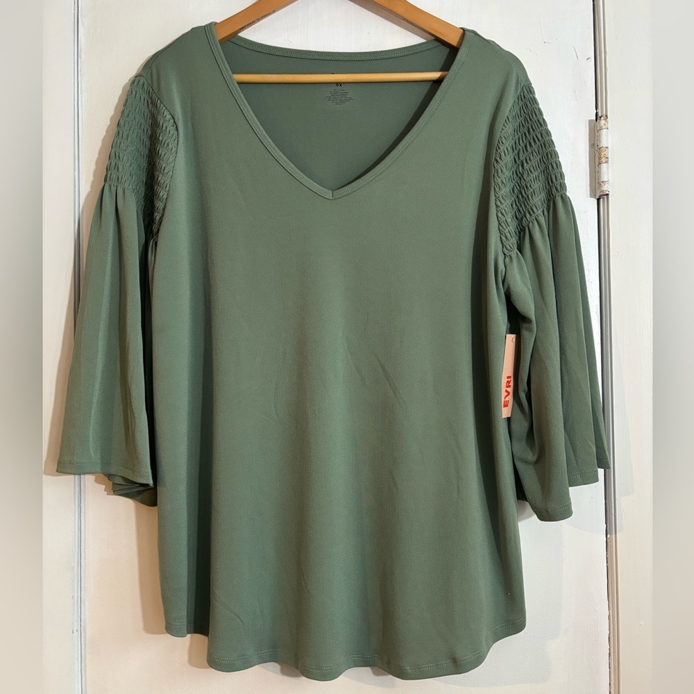 EVRI Green V-Neck Blouse with smocking Sleeve Detail